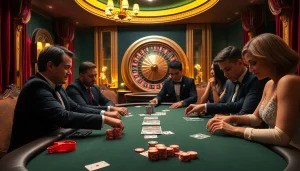 Players experience high-stakes excitement at a GO8-themed poker table in a luxurious casino.