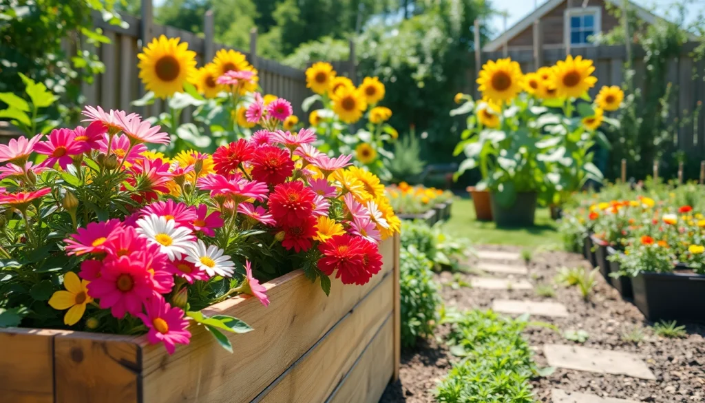 Engaging Gardening scene with vibrant flowers and vegetables in natural light.