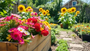 Engaging Gardening scene with vibrant flowers and vegetables in natural light.