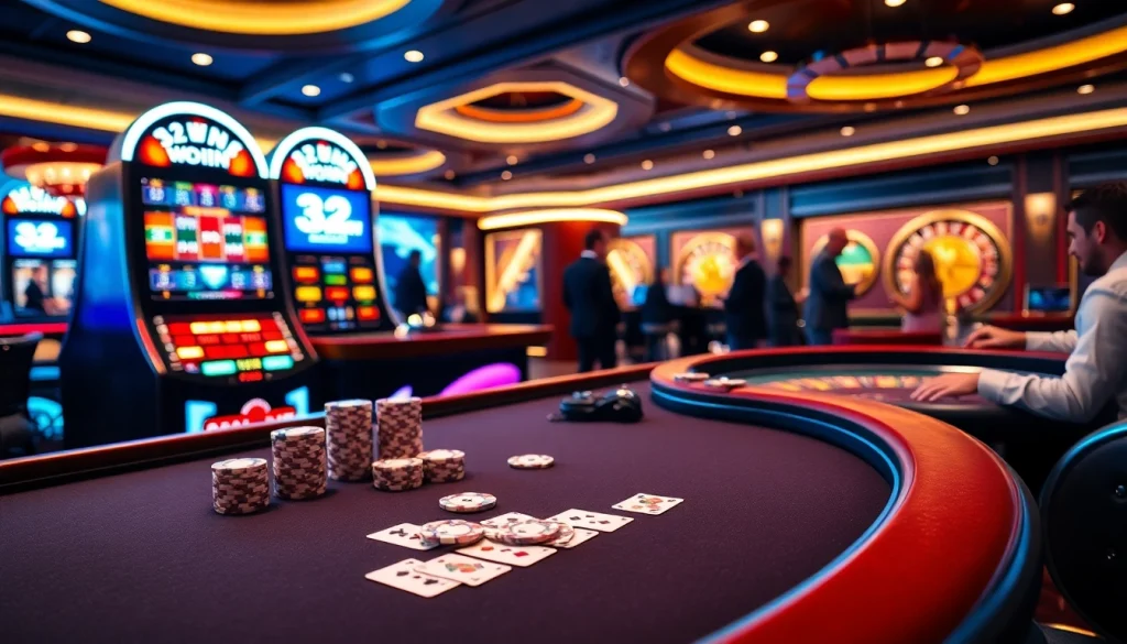 Experience the thrill of 32WIN at a luxury casino with poker tables, vibrant slots, and professional dealers.