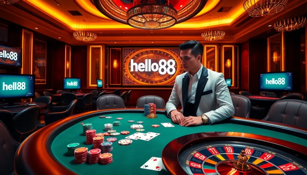 Hello88 casino scene with poker table, chips, and roulette wheel representing high-stakes gambling.