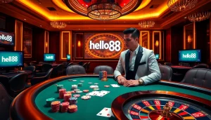 Hello88 casino scene with poker table, chips, and roulette wheel representing high-stakes gambling.