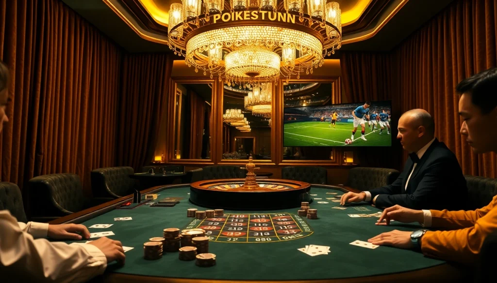 Watch live sports (ดูบอลสด) while enjoying luxury gambling at a casino table with poker chips and cards.