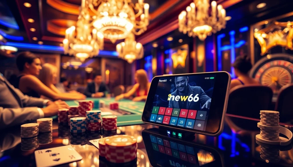 Experience excitement at new66 with vibrant casino gaming featuring poker chips and roulette.