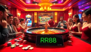 Players experience excitement at the RR88 casino with chips and roulette wheel.