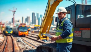 Rail contractor Canada overseeing operations at a construction site with heavy machinery.