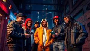 Hip hop PR agency team collaborating with musicians in an urban setting, showcasing creativity and professionalism.