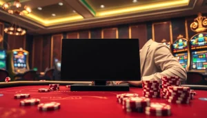 Berinteraksi dengan antarmuka login slot dewanaga89 yang ditampilkan di lingkungan kasino mewah dengan grafis yang hidup.