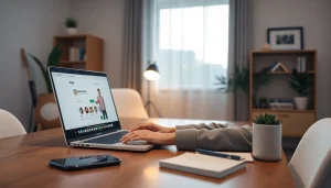 Sogou浏览器 interface displayed on a sleek laptop in a cozy home office, showcasing its user-friendly design.