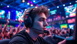 Engaged professional gamer in an esports arena at https://www.gamelevate.com, showcasing competitive spirit and excitement.