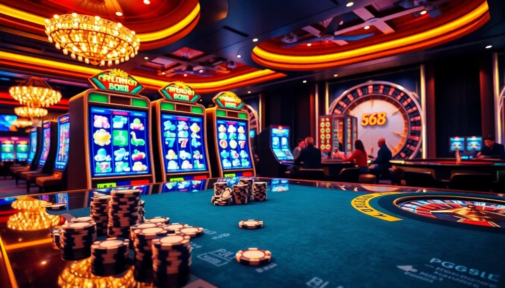 Players enjoying thrilling games on PG66 casino platform with slot machines and poker chips.