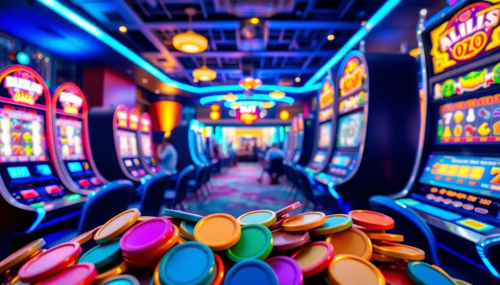 Menampilkan pengalaman gaming petanitoto dengan mesin slot berwarna-warni dan suasana ceria.