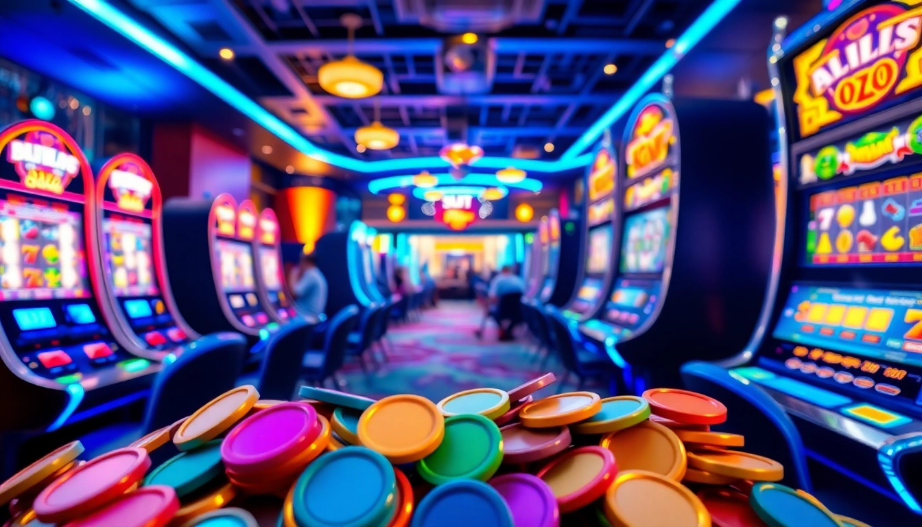 Menampilkan pengalaman gaming petanitoto dengan mesin slot berwarna-warni dan suasana ceria.