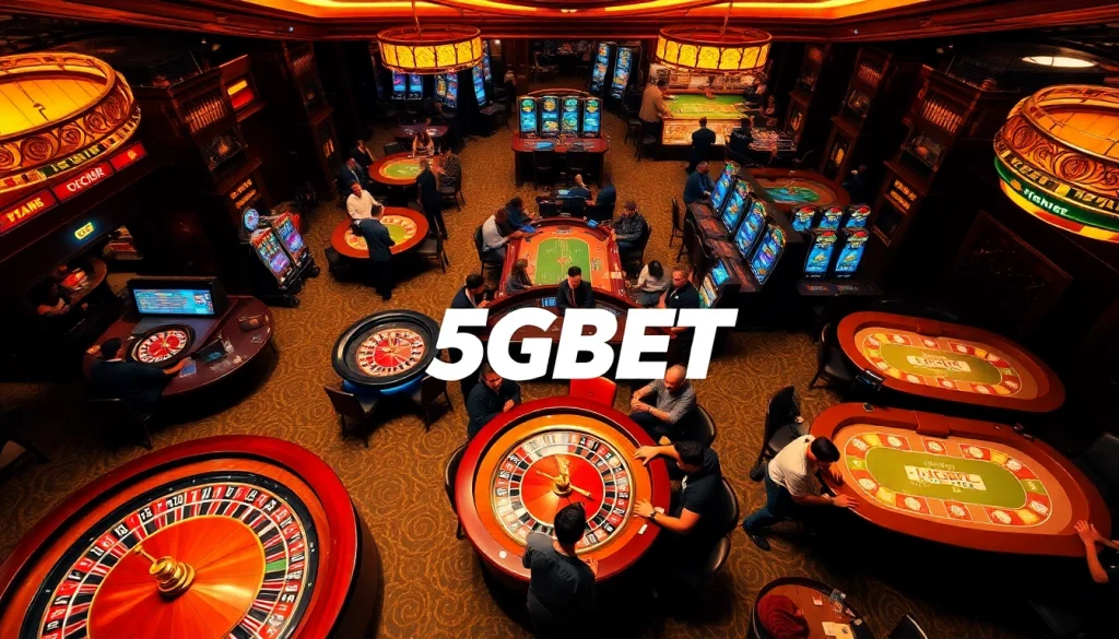 Experience the thrill of 5GBET at a luxurious casino with roulette wheels and poker tables.