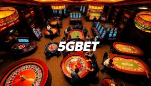 Experience the thrill of 5GBET at a luxurious casino with roulette wheels and poker tables.
