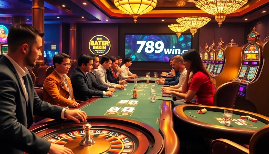 Players enjoying a lively gaming experience at 789win com casino with vibrant roulette and poker tables.