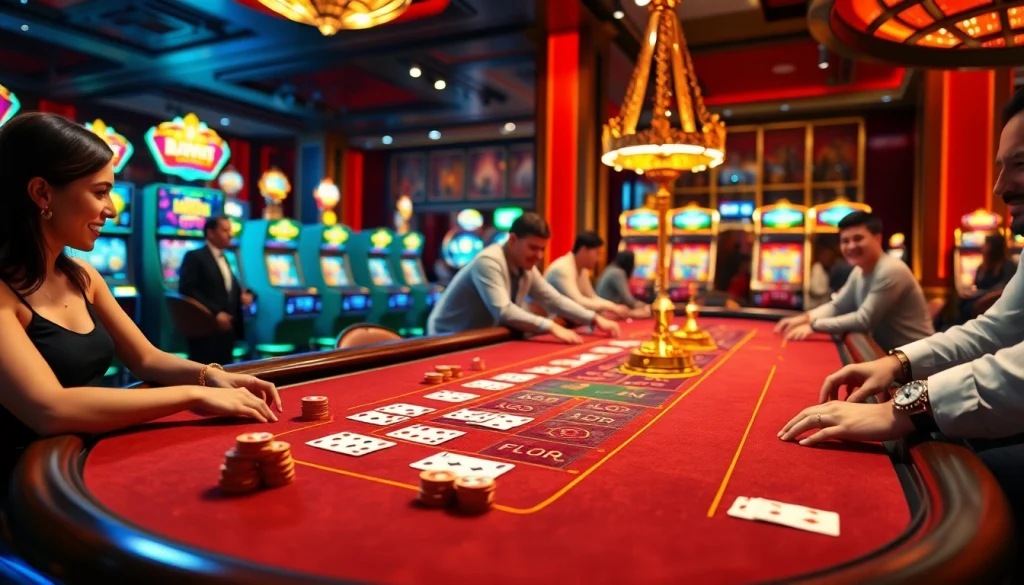 Players enjoy an exciting baccarat game at f8bet's luxurious casino, showcasing vibrant gaming elements.