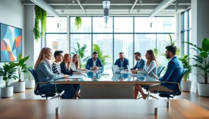 Agency team collaborating in a modern office showcasing teamwork and creativity.