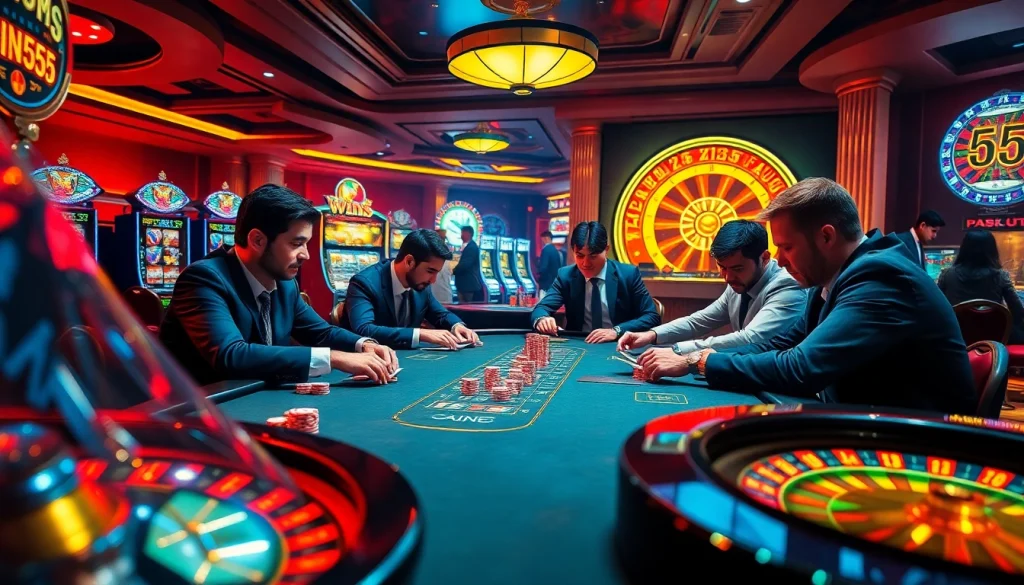 Experience thrilling gameplay at Win55 in an upscale casino environment with poker and slot machines.