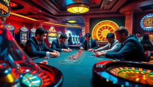 Experience thrilling gameplay at Win55 in an upscale casino environment with poker and slot machines.