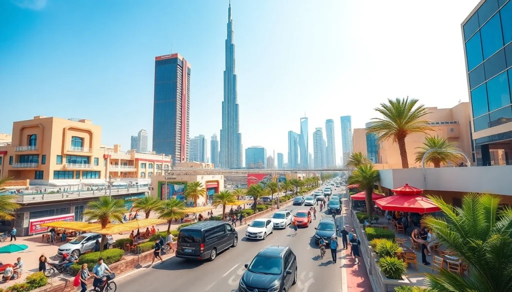 Vibrant Dubai skyline representing pulsetimes.ae with modern architecture and bustling city life.