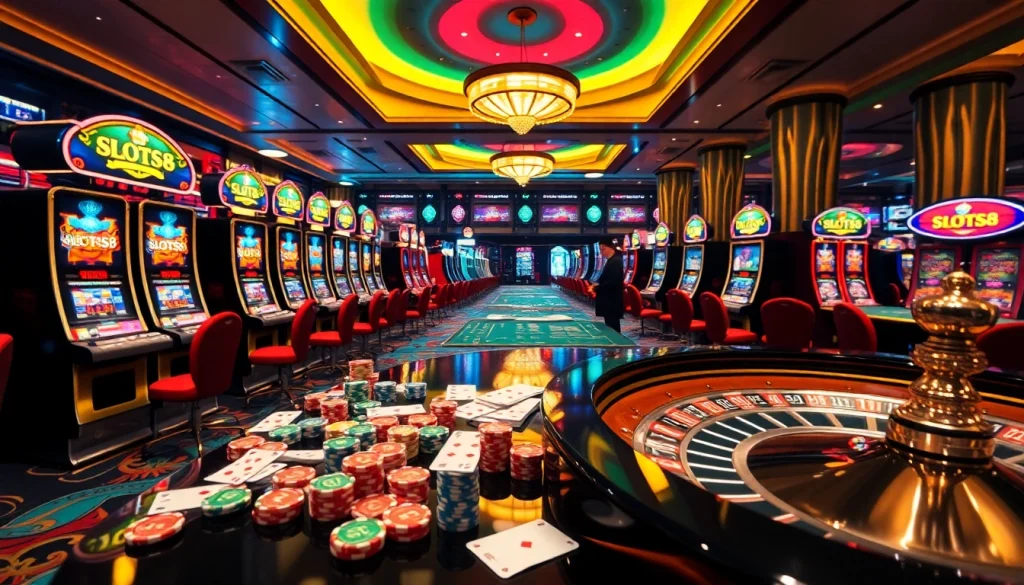Players enjoying SLOTS8 slot machines with colorful chips and a roulette wheel in a luxurious casino.
