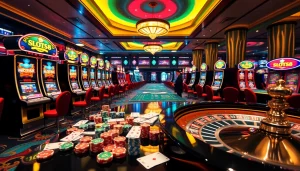 Players enjoying SLOTS8 slot machines with colorful chips and a roulette wheel in a luxurious casino.