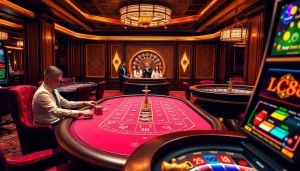 Lc88 gambling excitement at a luxurious casino with poker and roulette games.