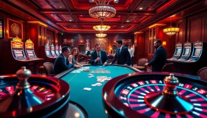 High-stakes poker action at https://f168info.com/ with vibrant casino elements and luxurious ambiance.