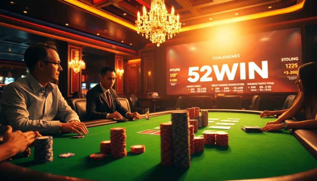 Players striving for victory at a poker table showcasing 52WIN alongside vibrant chips and cards.