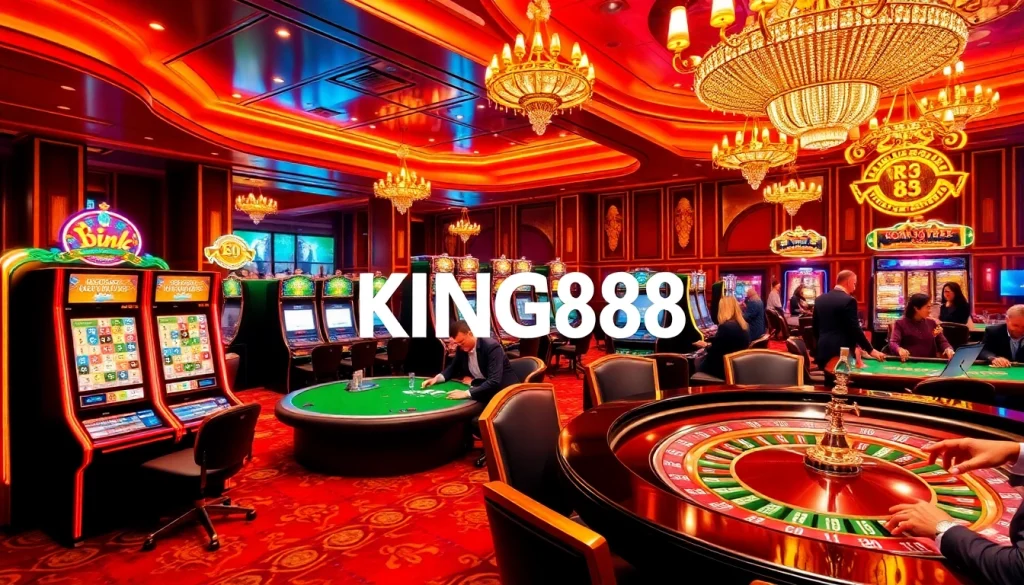 KING88 casino scene with illuminated slot machines and vibrant roulette table showcasing thrilling gambling experience