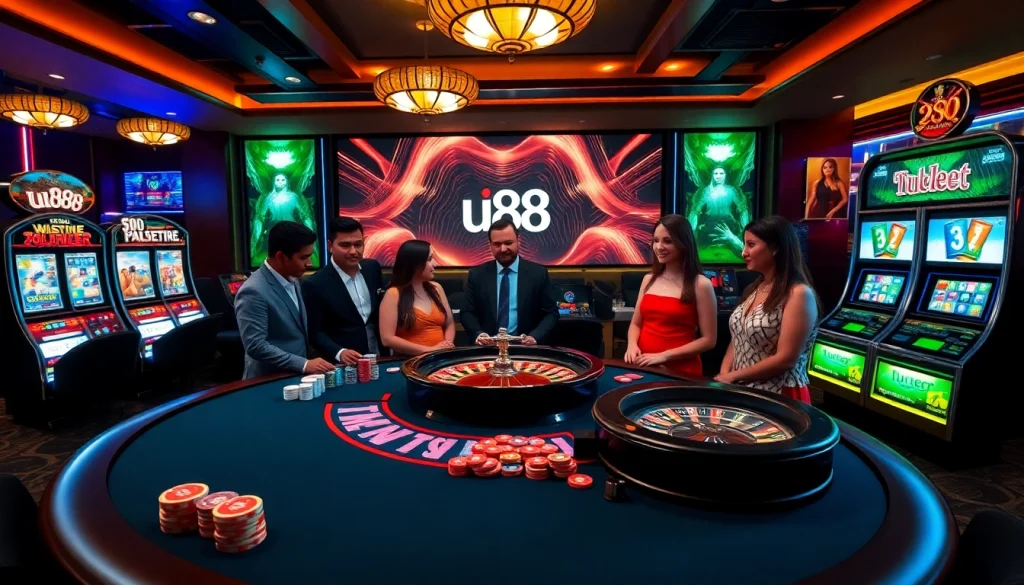 Engaging scene of players at a UU88 casino table, chips and cards prominently displayed.