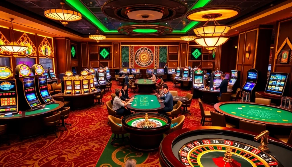 Exciting casino gameplay featuring 9Dbet poker tables and slot machines in a luxurious setting.