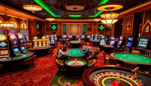 Exciting casino gameplay featuring 9Dbet poker tables and slot machines in a luxurious setting.