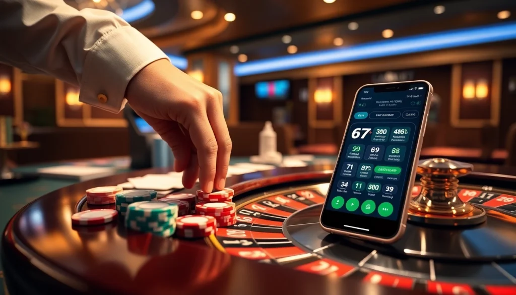 Exciting casino scene promoting 67bet Download with vibrant chips and a roulette wheel.