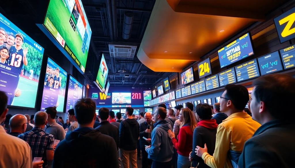 Engaged bettors enjoying sports betting in Georgia with vibrant sportsbook displays and excitement.