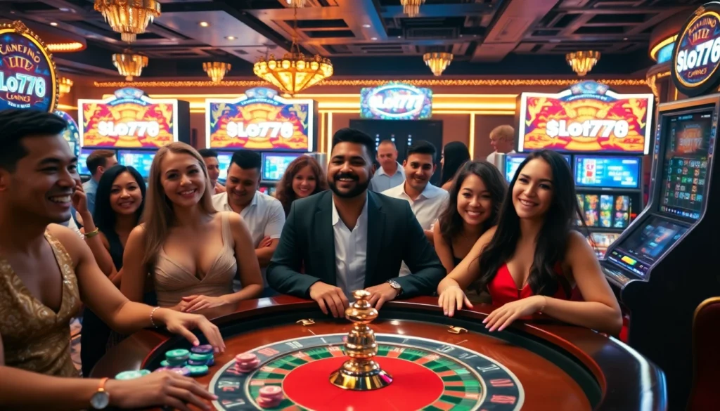 Engaged players enjoying Slot777 online gaming experience with colorful slot machines and vibrant casino atmosphere.