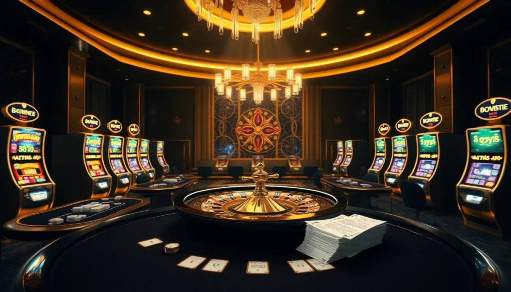 A thrilling online casino experience highlighting 7C77 one with roulette wheels, poker tables, and slot machines.