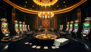 A thrilling online casino experience highlighting 7C77 one with roulette wheels, poker tables, and slot machines.