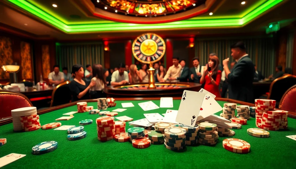 A vibrant casino scene depicting players enjoying games at Nhà Cái UU88 with poker chips and a spinning roulette wheel.