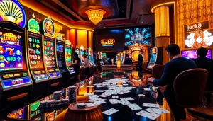 Experience thrilling slot gameplay at luck8 casino with colorful machines and eager players.