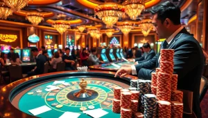 Exciting gambling scene at a casino table with go8 chips and roulette wheel.