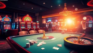 Experience the excitement of 333bet with live poker, slot machines, and a roulette wheel in action.