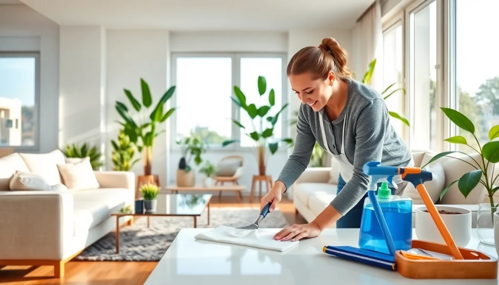 Engaging cleaning service experience illustrating a professional cleaner in action.