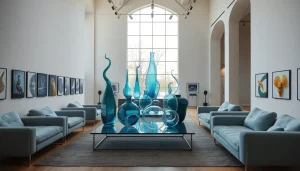 Admiring unique glass art at kostaboda-artgallery.fr avec un éclairage naturel apaisant.