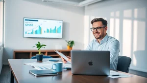 Profesjonalny księgowy świadczący usługi księgowe dla firm w nowoczesnym środowisku biurowym.