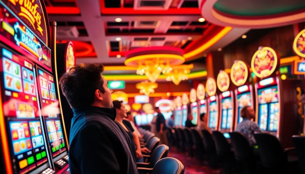 Petani toto bersemangat bermain mesin slot dengan suasana kasino yang hidup dan penuh warna.