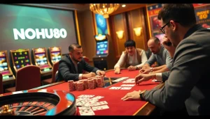 Nohu90 offers an exciting high-stakes poker experience at an online casino featuring vibrant lights and digital excitement.