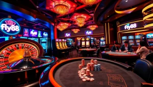 Fly88 casino scene showcasing players at poker tables and vibrant slot machines for an exciting experience.