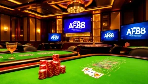 Experience the thrill of gambling with AF88 at an elegant casino table featuring poker chips and cards.